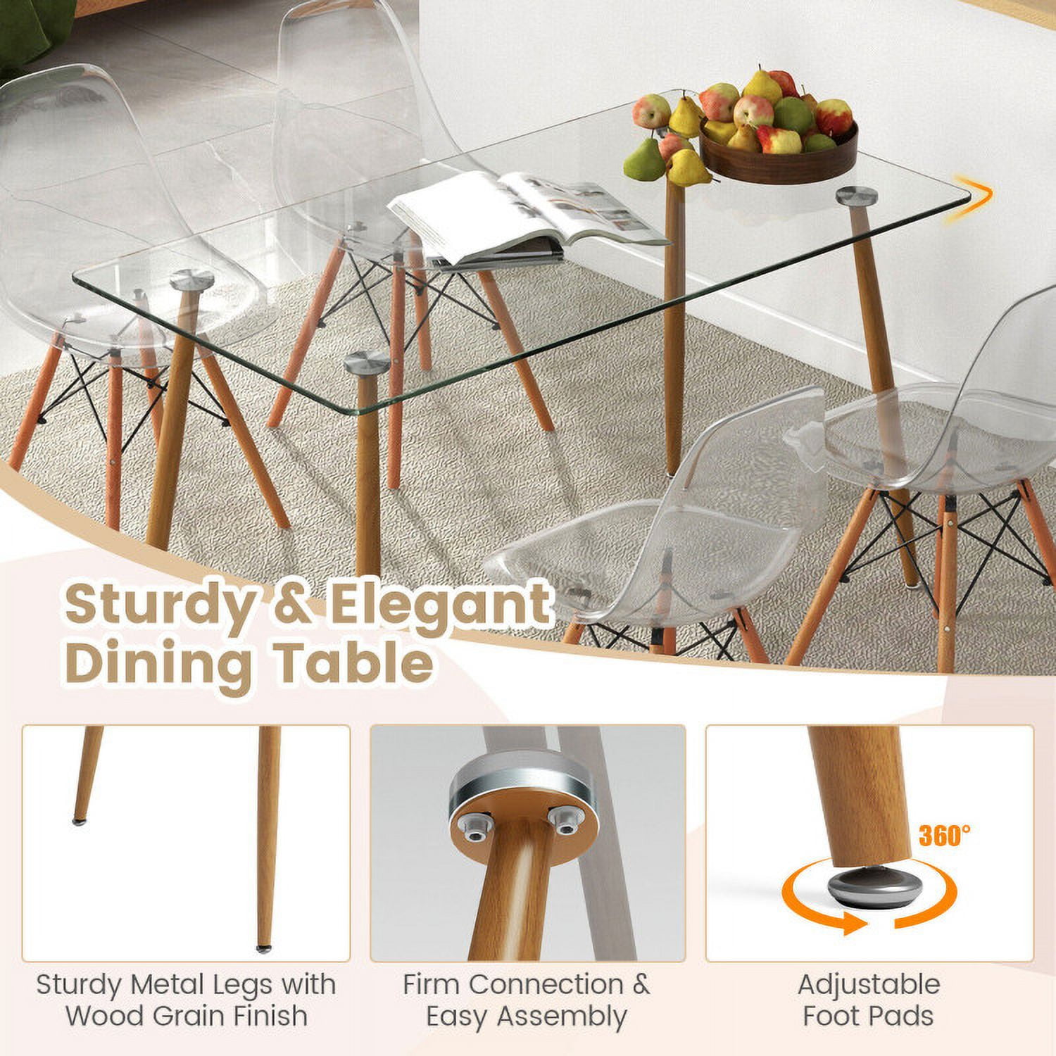 Finihen Dining Set, Dining Table Set, 5 Pieces Rectangle Dining Table Set with 51 Inch Glass Tabletop, for Home, Restaurant, Transparent Finihen Dining Set, Dining Table Set, 5 Pieces Rectangle Dining Table Set with 51 Inch Glass Tabletop, for Home, Restaurant, Transparent