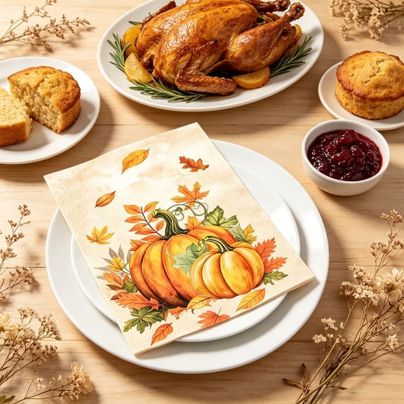 AuroraX Thanksgiving Pumpkin Floral Napkins Harvest Festival Dinner Napkins Rectangular Autumn Disposable 20 Pcs Paper Thanksgiving Party Supplies Orange