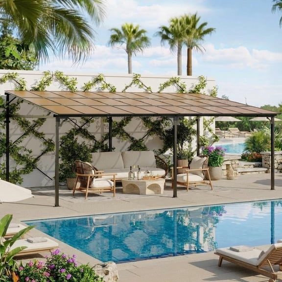12' x 20' Wall-Mounted Hardtop Gazebo, Lean-to Pergola with Polycarbonate Roof & Reinforced Aluminum Frame, UV Blocking Outdoor Pavilion for Patio Deck Backyard Porch