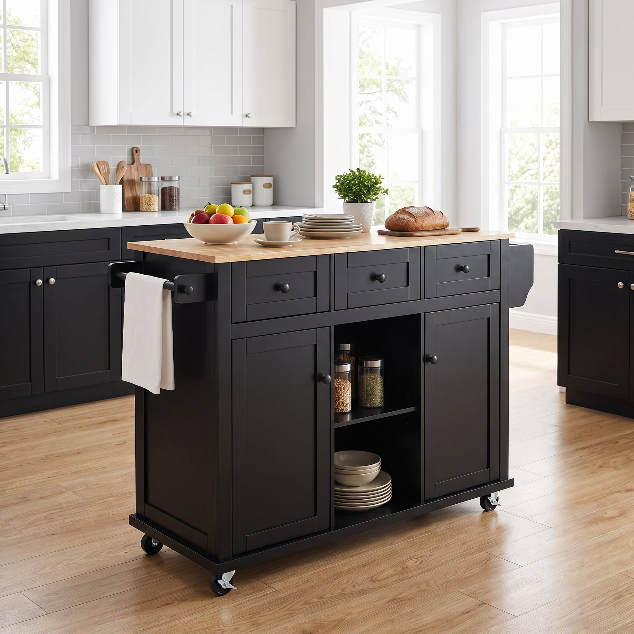 Homy Casa 53-inch Rolling Kitchen Island Cart with Drop Leaf, Storage Cabinet and Spice Rack, Black