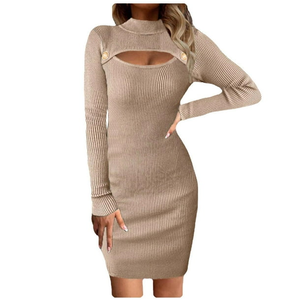 Vestidos Para Mujer Vestidos de Otoño Casual Sólido Adelgazante Tejido Ahuecado Manga Larga Vestido de Cuello Redondo Odeerbi ODB174626