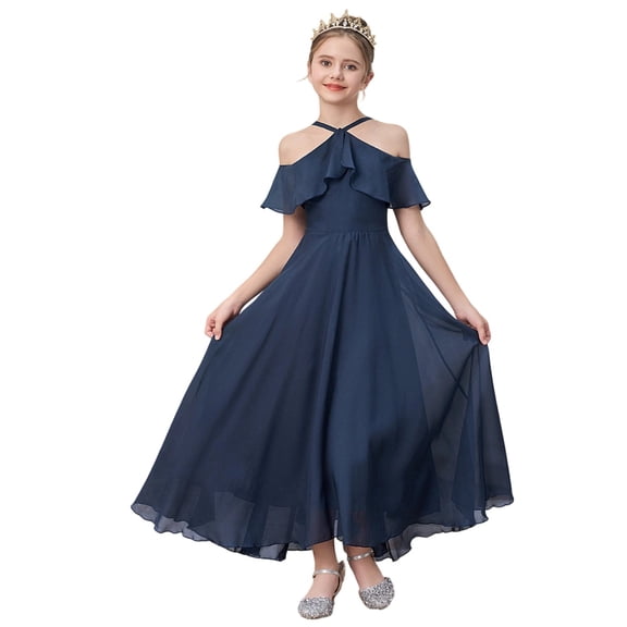 ZHOGXU Kids Elegant Solid Color Dresses For Girls Flutter Sleeve Halter Neck Ruffled Formal Gown Birthday Party Outfit
