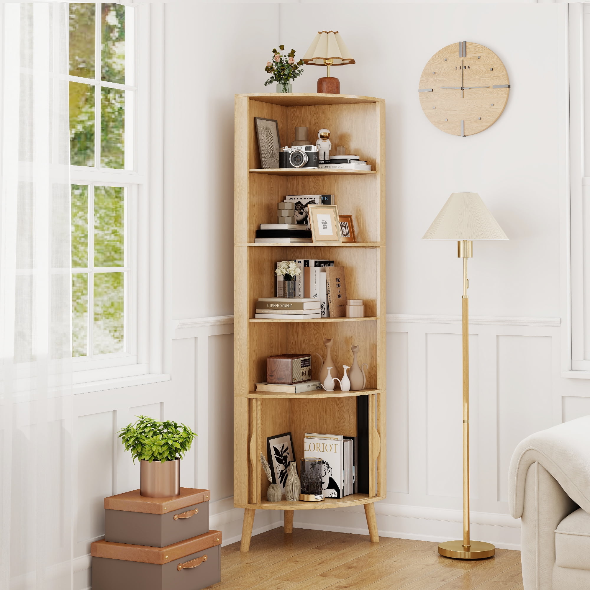Diubas 66.73'' Tall Fluted Floor Corner Cabinet, Farmhouse Storage Cabinet with 2 Doors and 5 Storage Shelves for Living Room, Kitchen, Study Room, Natural