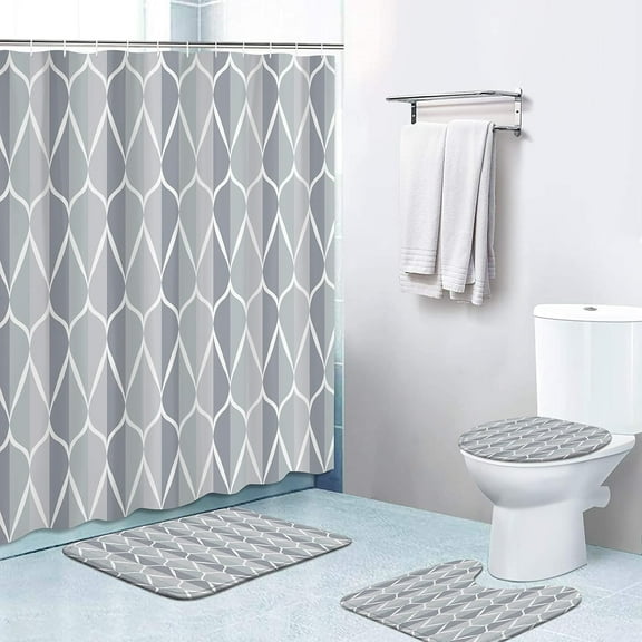 4Pcs Geometric Shower Curtain Set Modern Art Geometric Bathroom Set Abstract Bathroom Curtain Set with 12 Hooks, Bathroom Carpet Bath Mat and Toilet Rugs,Grey