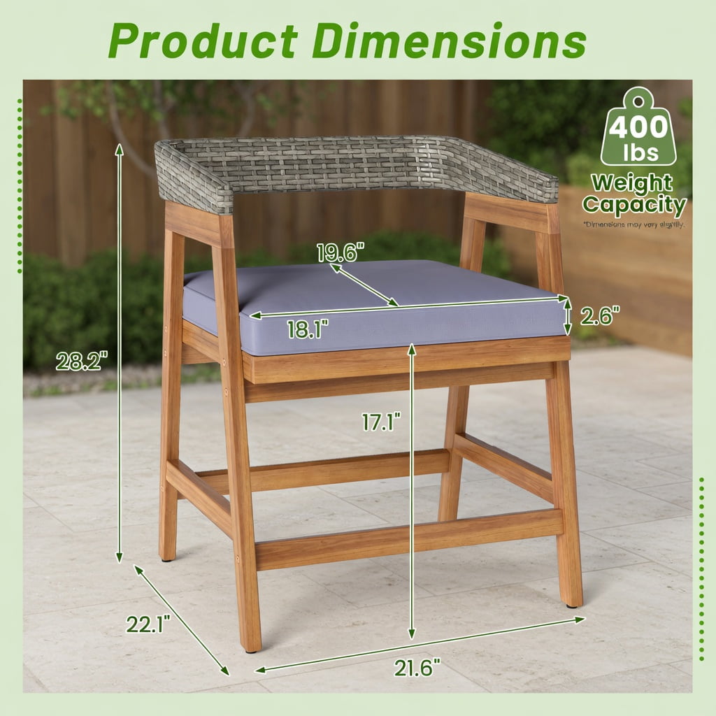 Hommoo 4-Piece Outdoor Dining Chair Set, Acacia Wood Frame with PE Rattan Weave & Cushions for Patio, Backyard, Poolside, Ergonomic Design, Gray
