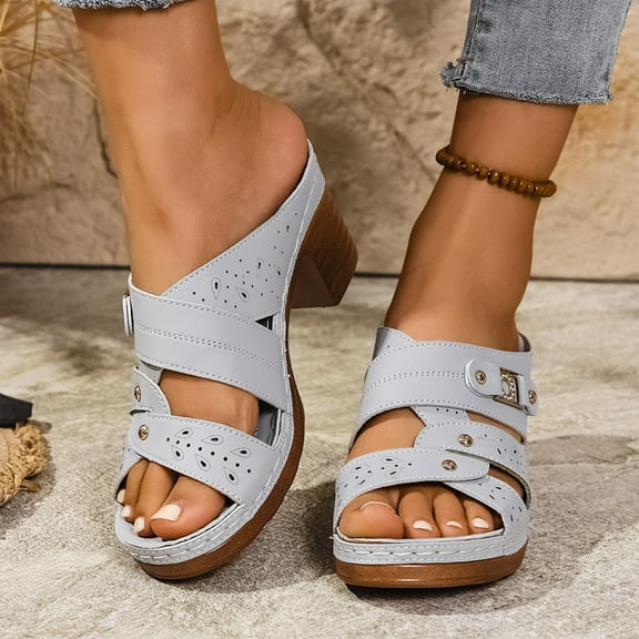 Viluyesy Women's Chunky Heels Sandals, Slip-On New Style Comfortable Peep Toe Summer Casual Dress Pumps Shoes Sky Blue