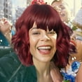thumbnail image 6 of Dengmore Curly Bob Wig with Bangs Short Wavy Red Wigs for Women Wavy Wig with Air Bangs Shoulder Length Bob Synthetic Cosplay Wig (Red), 6 of 7