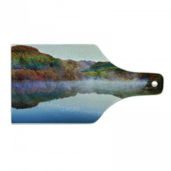 Landscape Cutting Board, Lake and Mountain Landscape in the Autumn Fall Heavenly Spaces in Earth, Decorative Tempered Glass Cutting and Serving Board, Wine Bottle Shape, Multicolor, by Ambesonne