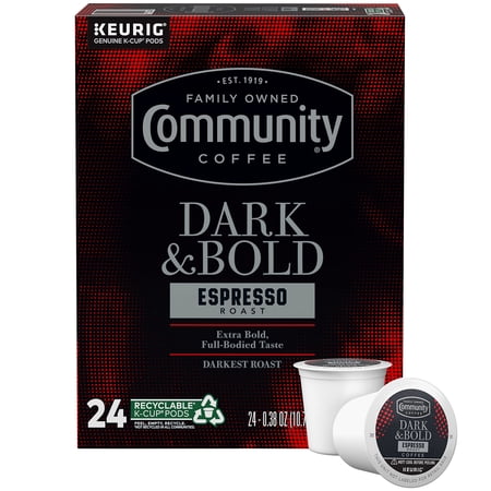 Community Coffee Dark & Bold Espresso Roast 24 Count Coffee Pods, Compatible With Keurig 2.0 K-Cup Brewers.