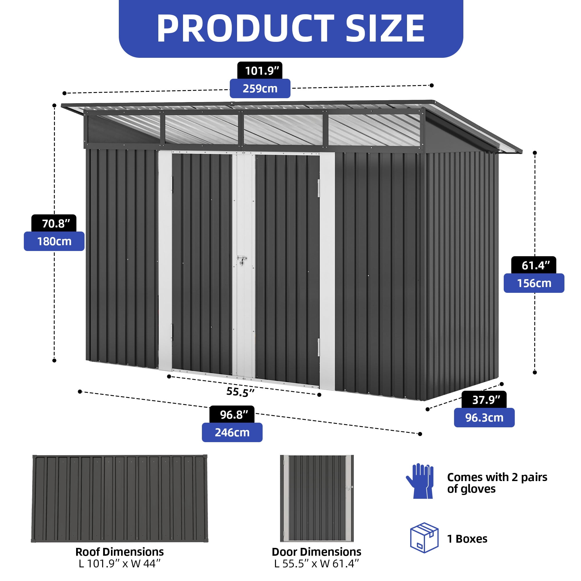 Craftian 8.5x3.2 FT Outdoor Storage Shed with Acrylic Windows, Secure Access Lock for Bike Garden Patio Dark Gray