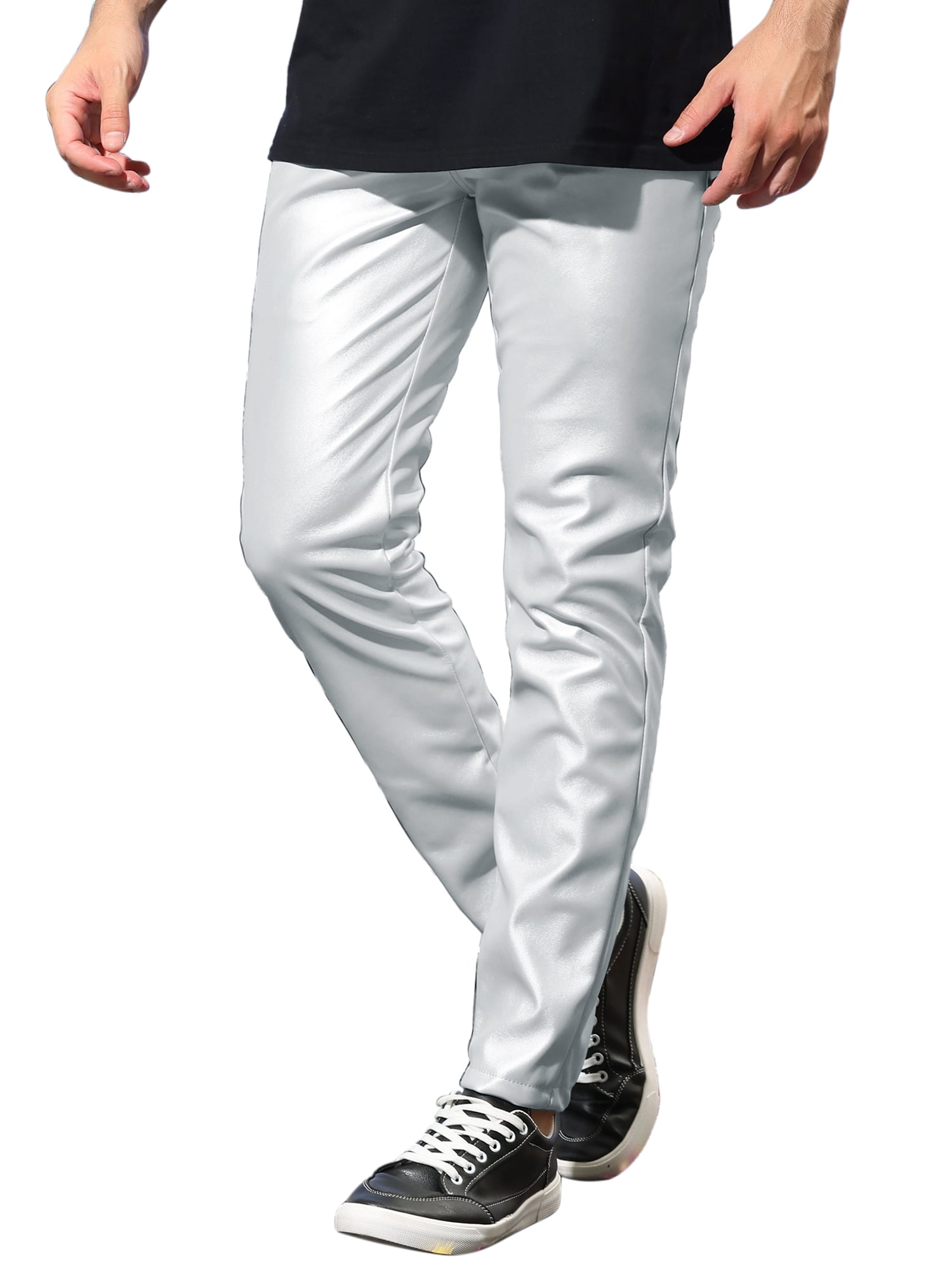 Unique Bargains Men's Metallic Slim Fit Night Club Disco Shiny Faux Leather Pants 34 Silver