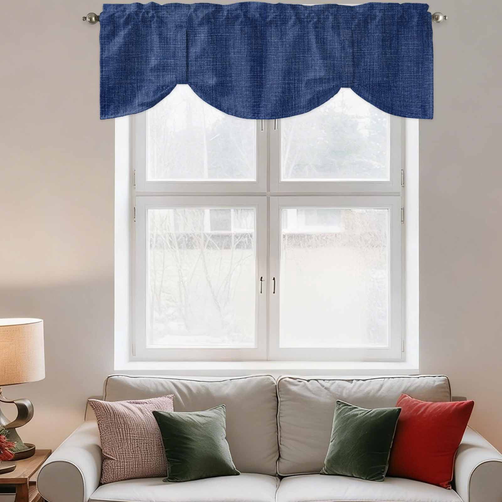 Vintage Navy Blue Tie Up Valance Curtains for Windows, Kitchen Curtains Window Treatments, Farmhouse Retro Dark Solid Color Linen Texture Short Window Valances for Bedroom Bathroom Cafe 42"x18"