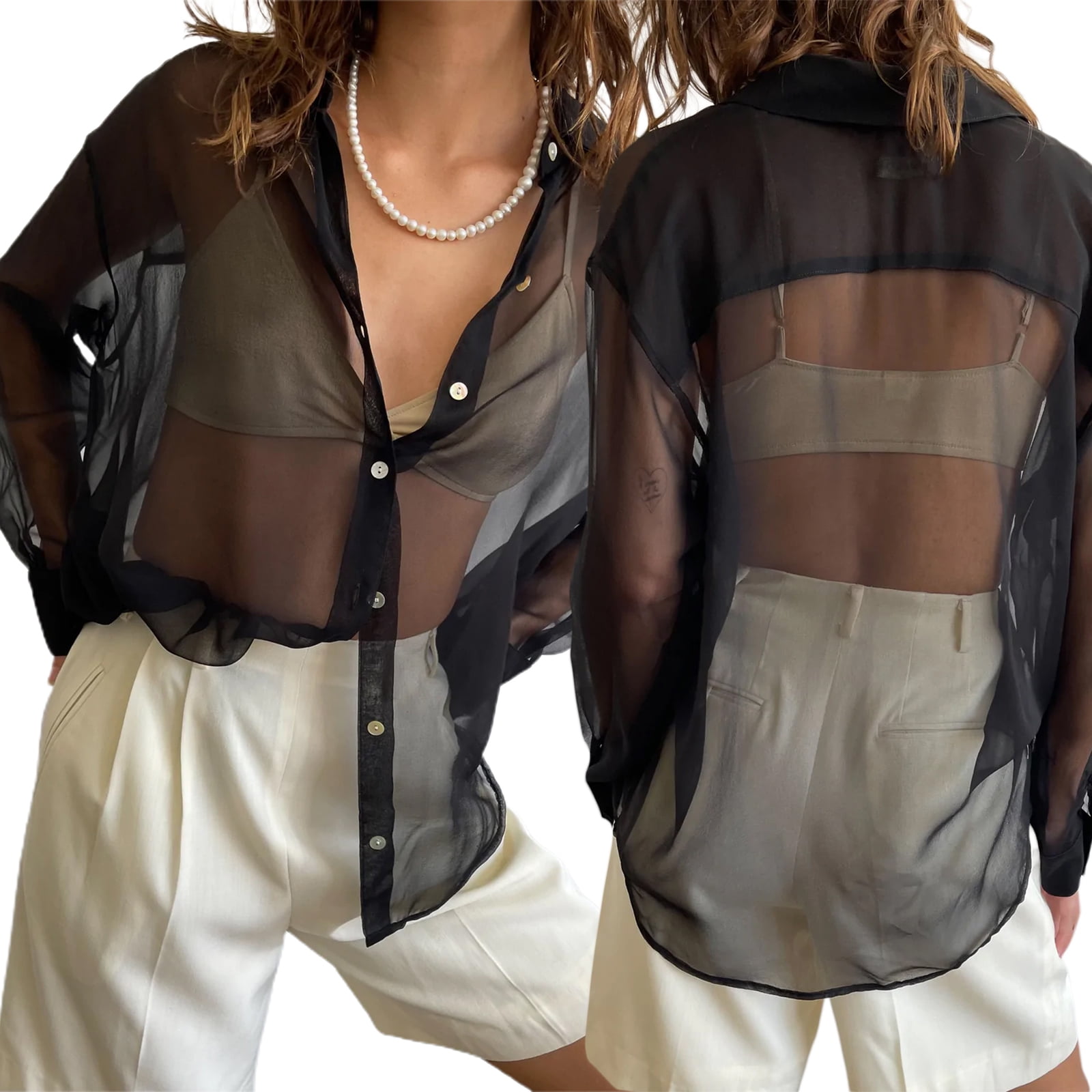 Musuos Women's Sheer Button Up Shirt, Long Sleeve Lapel Neck