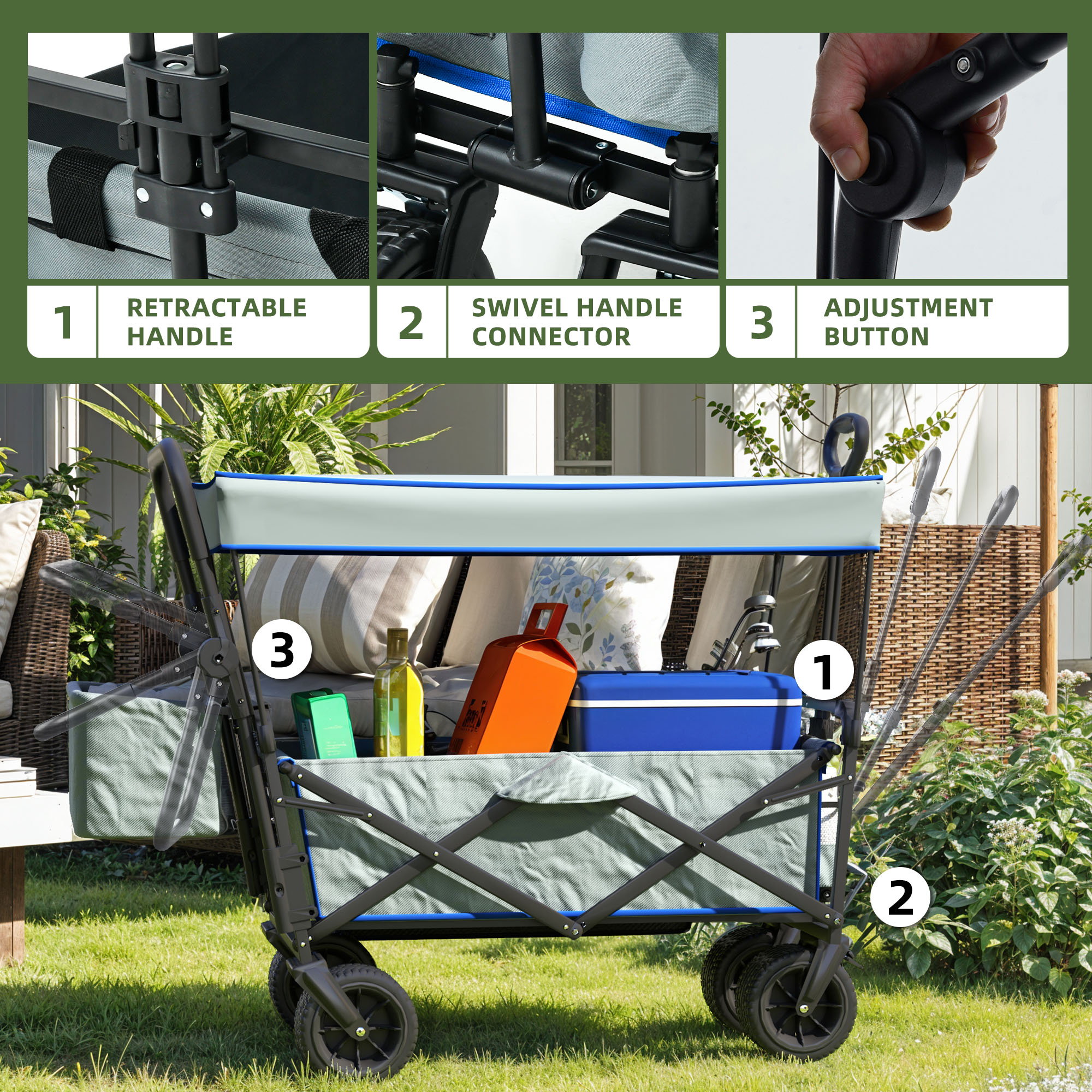 Uforic Large Collapsible Garden Cart - Durable, Convenient, and Versatile Swivel Wheels for Shopping, Picnic, Camping, Sports, Grey