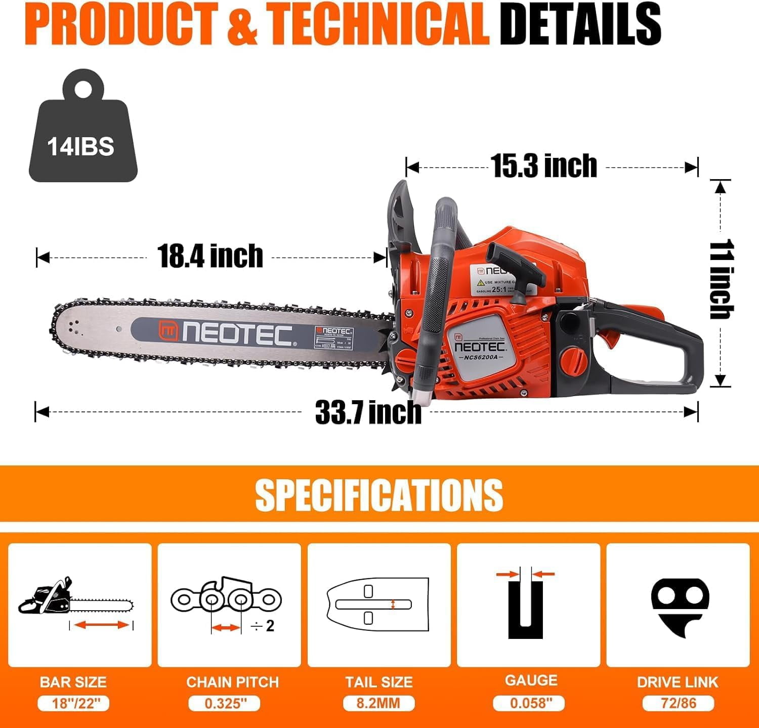 NEOTEC 62CC Gas Chainsaw, 18 Inch and 22 Inch Bar Included, 2-Cycle Handheld Gas Powered Chainsaw, Low Vibration Easy Start Petrol Chain Saw for Tree Cutting