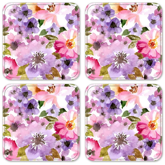 Vinyl Drink Coasters - Set of 4 - Pink & Purple Flower Watercolor