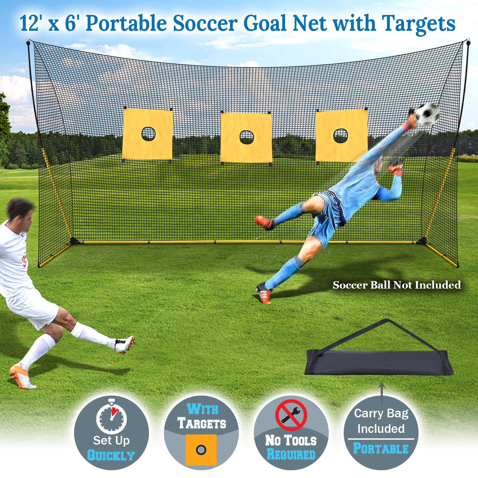 SUNNYOUTDOOR 12'x6' Portable Soccer Goal Net with Targets, Quick Set Up Soccer Net for Indoor Outdoor Practice Training with Carry Bag