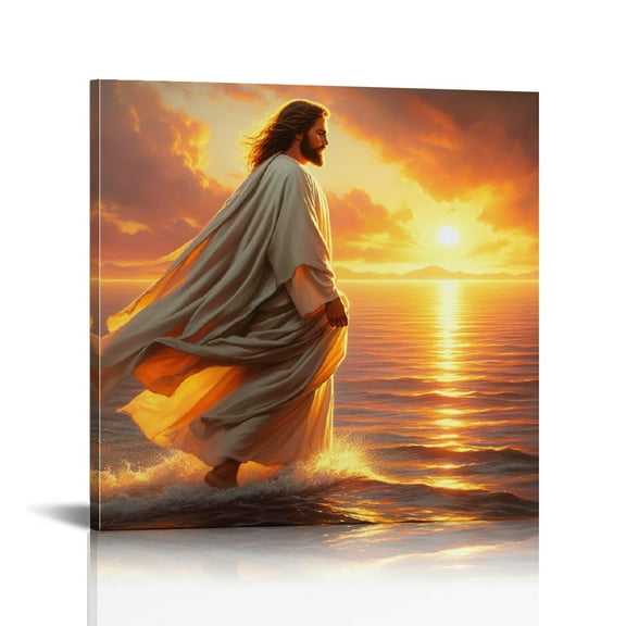 Charming Jesus Walking on Beach Christ Canvas Wall Art Print,Christian Canvas Prints Wall Decor For Church Living Room Bedroom Kitchen Office Cafe , Perfect Gift And Decoration Framed