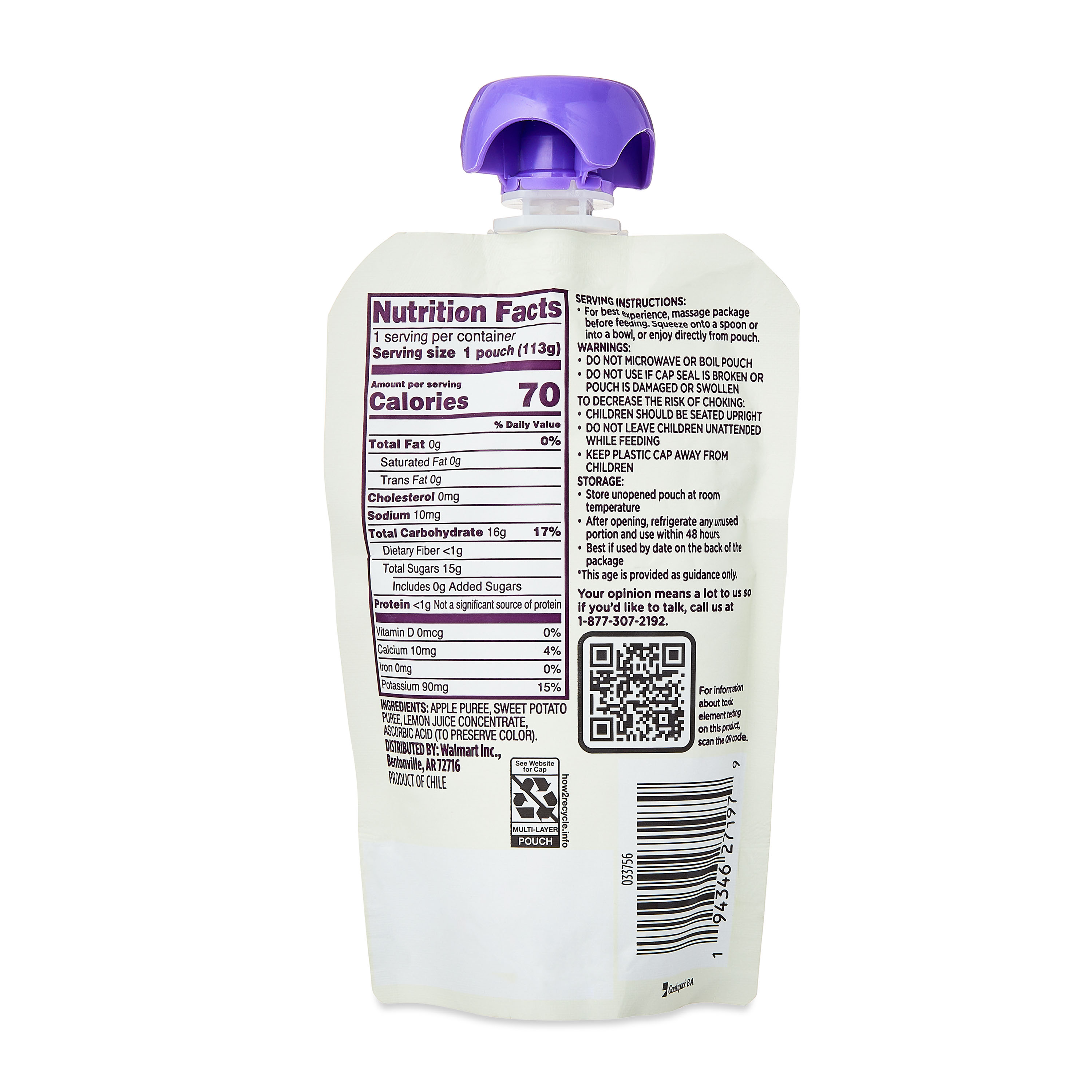 Comida para bebé Etapa 2 de Parent's Choice, Puré de manzana y batata, bolsa de 4 oz 8