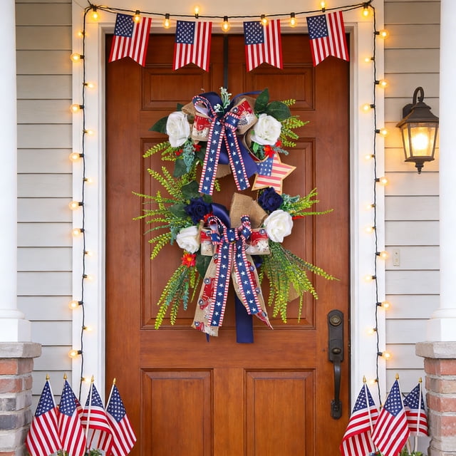 Corona de puerta principal del Día de la Independencia – Decoración floral artificial patriótica roja, blanca y azul para el 4 de julio, ventanas, porche y decoración exterior navideña