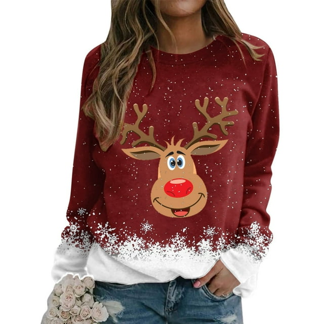 Chandail à Manches Longues pour Femmes avec Imprimé de Noël Tête de Cerf, Blouse Décontractée, Haut à Enfiler