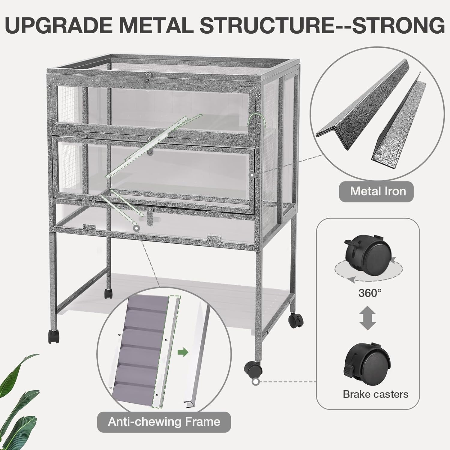 Aivituvin Guinea Pig Cage, Moveable Metal Frame Hamster Cage Anti-Chewing with Aluminium Alloy Edge, Hideouts, Ramps, Seesaws Chewing Toy, Deeper Pull-Out Leakproof Tray for Indoor Outdoor(Grey)