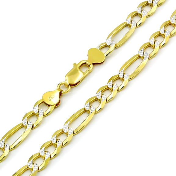 925 Italian Sterling Silver 7.5mm Solid Figaro Diamond Cut Chain, FREE Microfiber Cloth, ITProLux Yellow Gold Plated Pave Link Mens Womens Necklace, Giorgio Bergamo