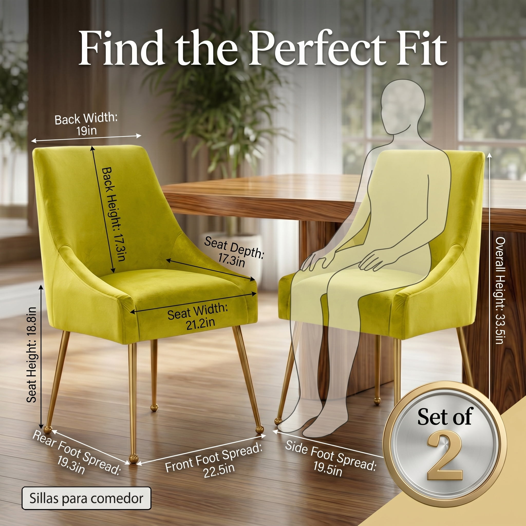 Restworld Velvet Dining Chairs Set of 2, Modern Upholstered Dining Chairs with Gold Metal Legs,Tufted Dining Chairs for Living Room, Bedroom, Kitchen,Yellow green