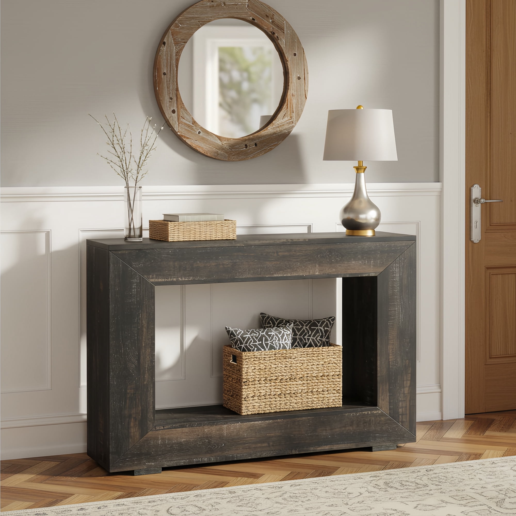 47" Farmhouse Industrial Console Table, Storage Entryway Table For Living Room, Foyer & Entrance With Wood Grain Finish (Black)