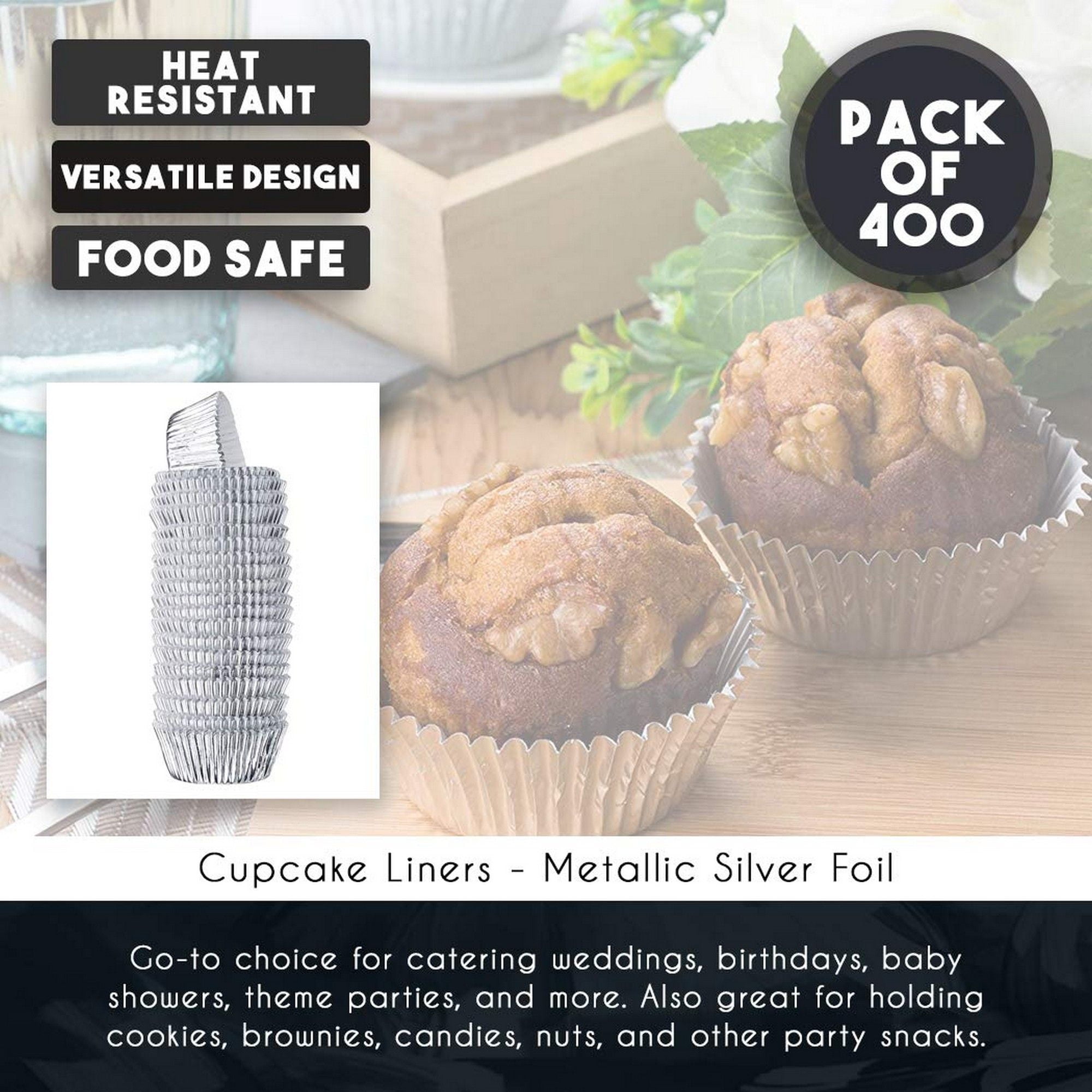 Silver Foil Cupcake Liners 400Pack Bulk Decorative Metallic Foil
