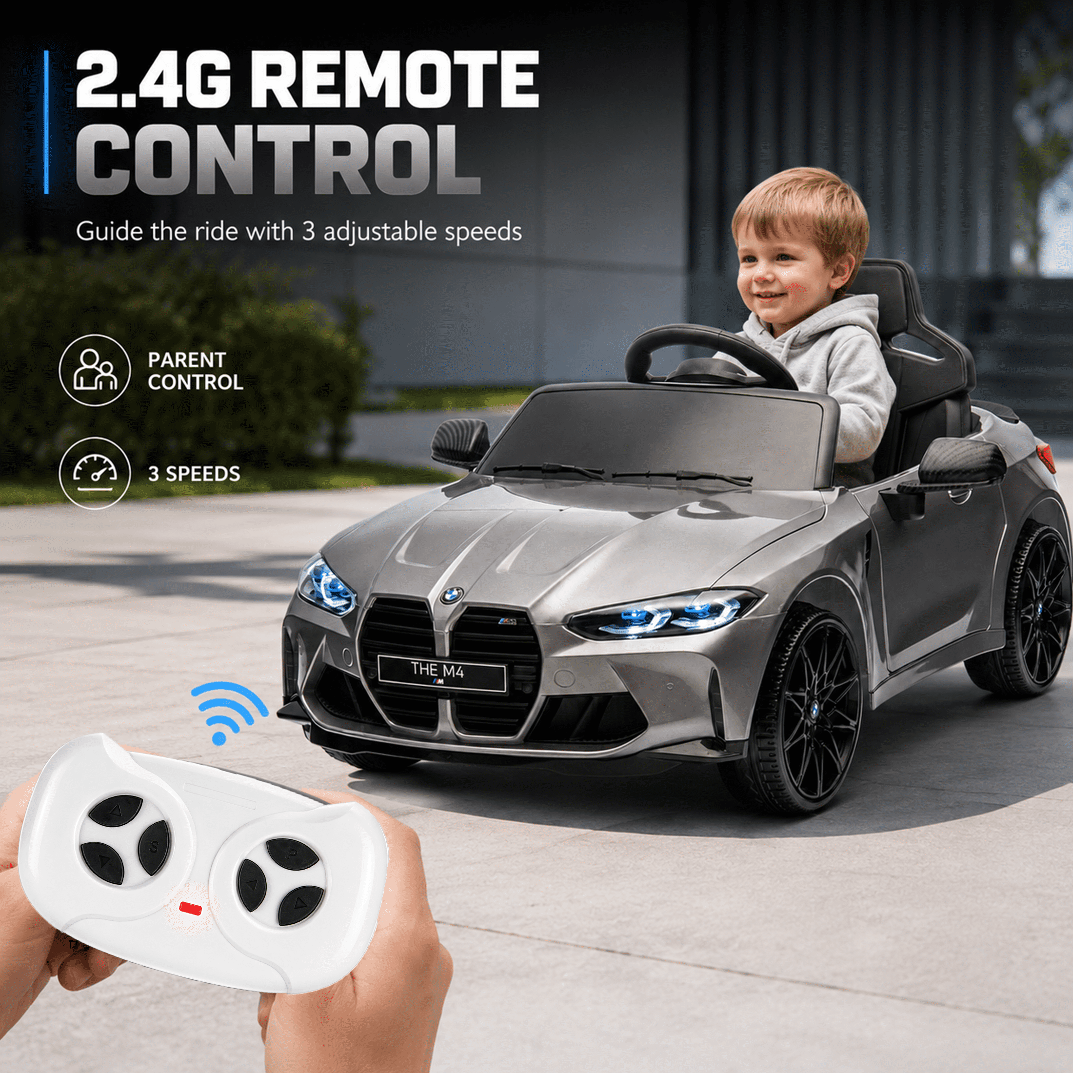 BMW M4 Kids Ride on Car Toy with Remote Control, 24V Powered Ride on Toys Cars W/Bluetooth/USB/MP3, Battery Display, LED, Handle with Wheels & Pull, Electric Car for Boy Girl, Gray