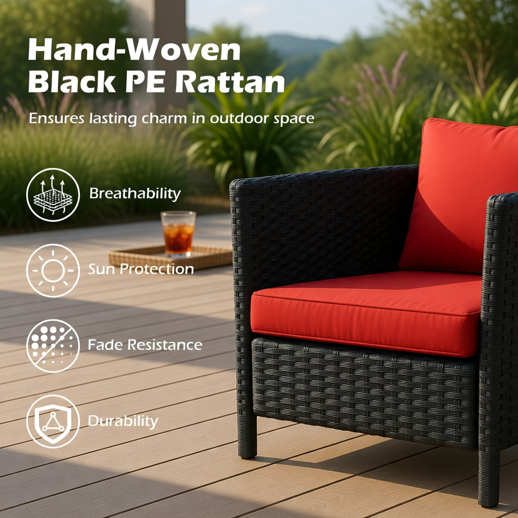 Hommoo Outdoor Wicker Loveseat with Built-in Tempered Glass Tables, Black PE Rattan, Heavy-Duty Metal Frame for Backyard, Porch & Poolside, Red