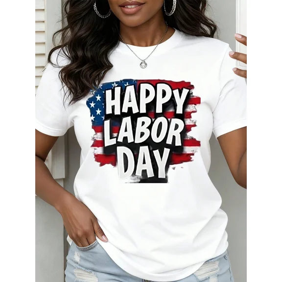Happy Labor Day Usa Flag T Shirt Women Patriotic American Holiday Celebration Casual Top