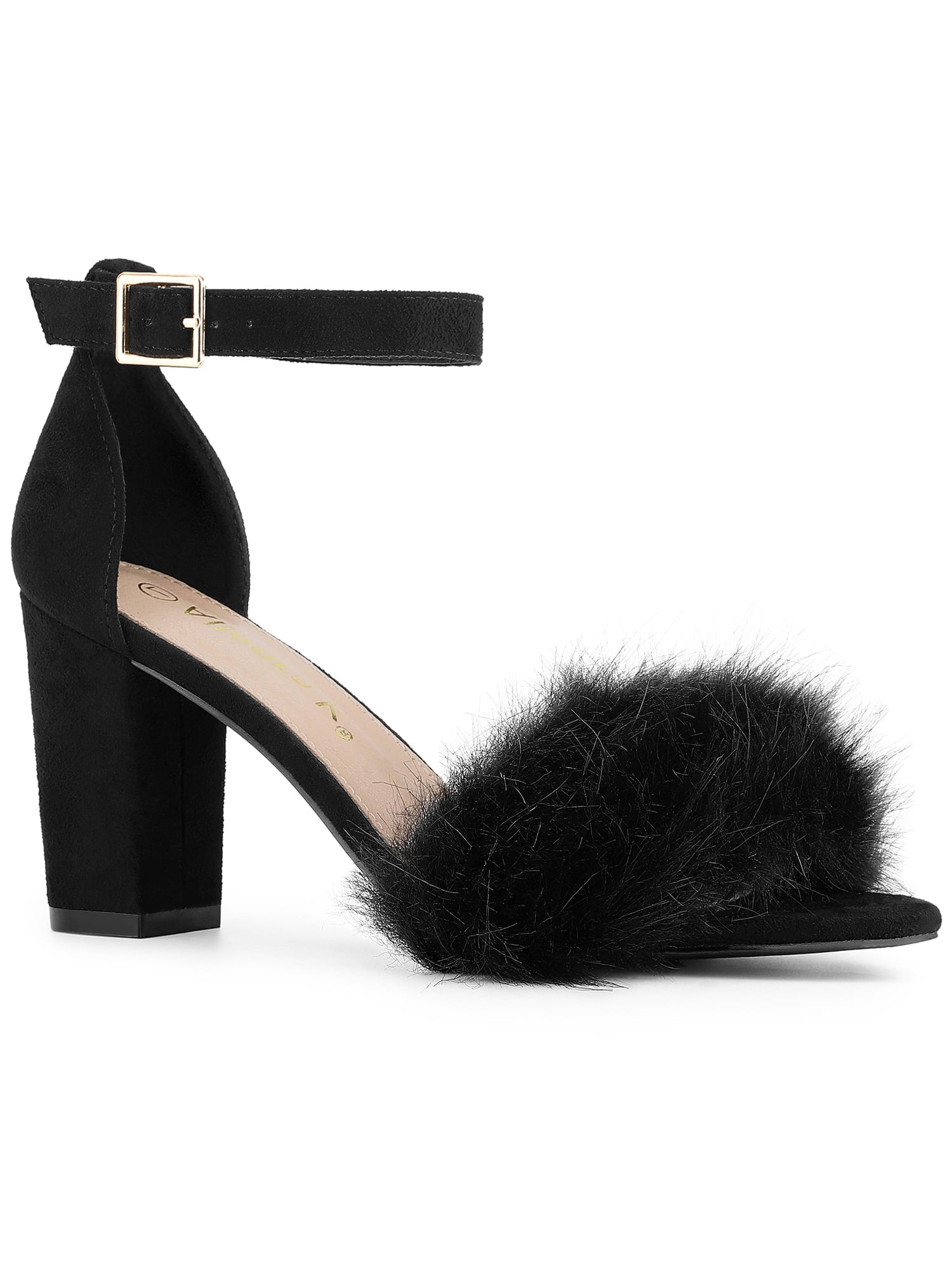 black fluffy block heels