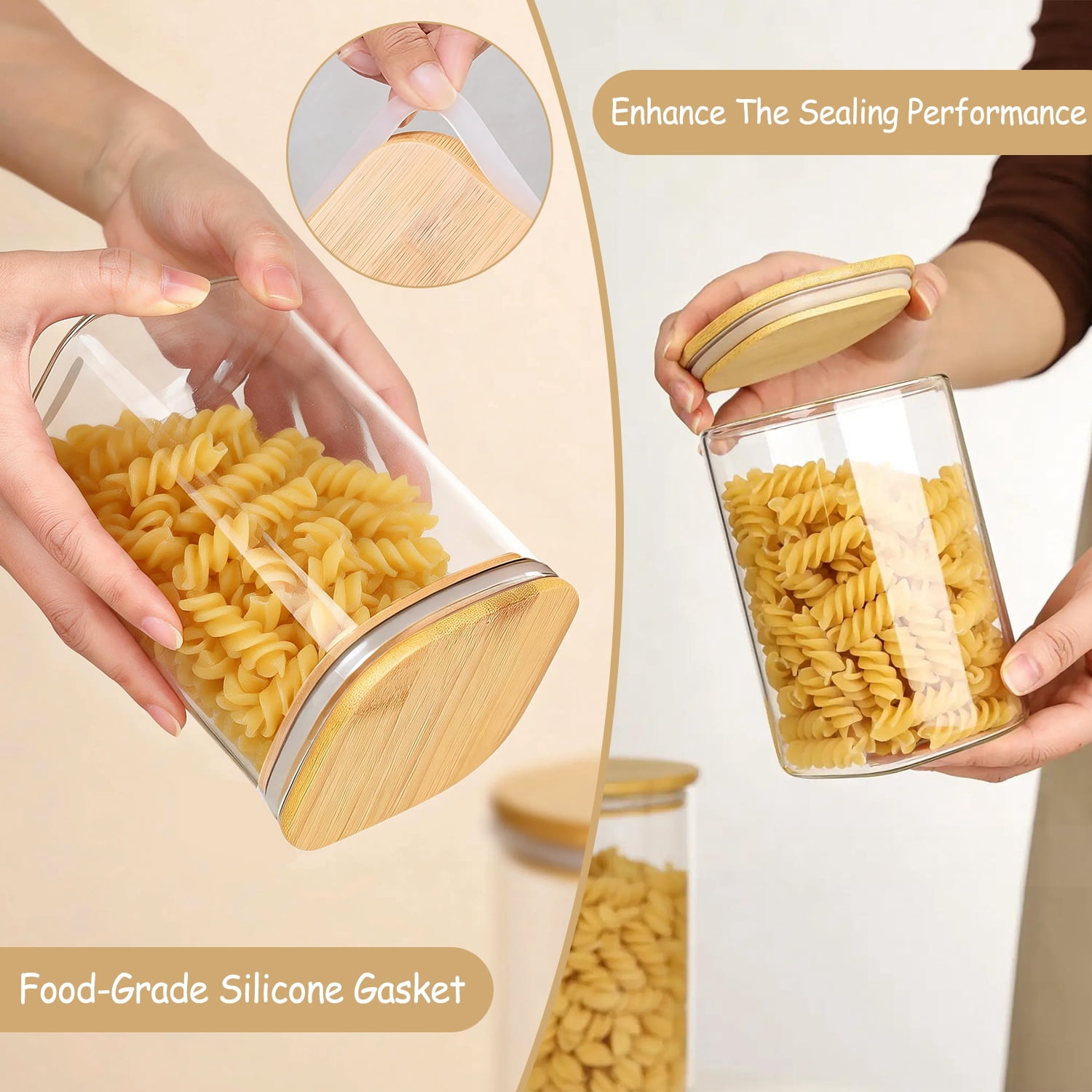 12 Pack Glass Storage Jars Set, 23oz & 37oz Clear Glass Food Storage Containers with Airtight Bamboo Lid, Stackable Kitchen Canisters for Candy, Cookie, Flour, Pasta, Nuts & Spice ( Labels + Marker)