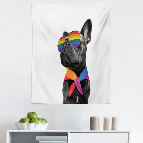 Bulldog Tapestry, Proudly Posing Pet with Colorful Eyeglasses and a Scarf LGBT Gay Pride, Fabric Wall Hanging Decor for Bedroom Living Room Dorm, 5 Sizes, White and Multicolor, by Ambesonne