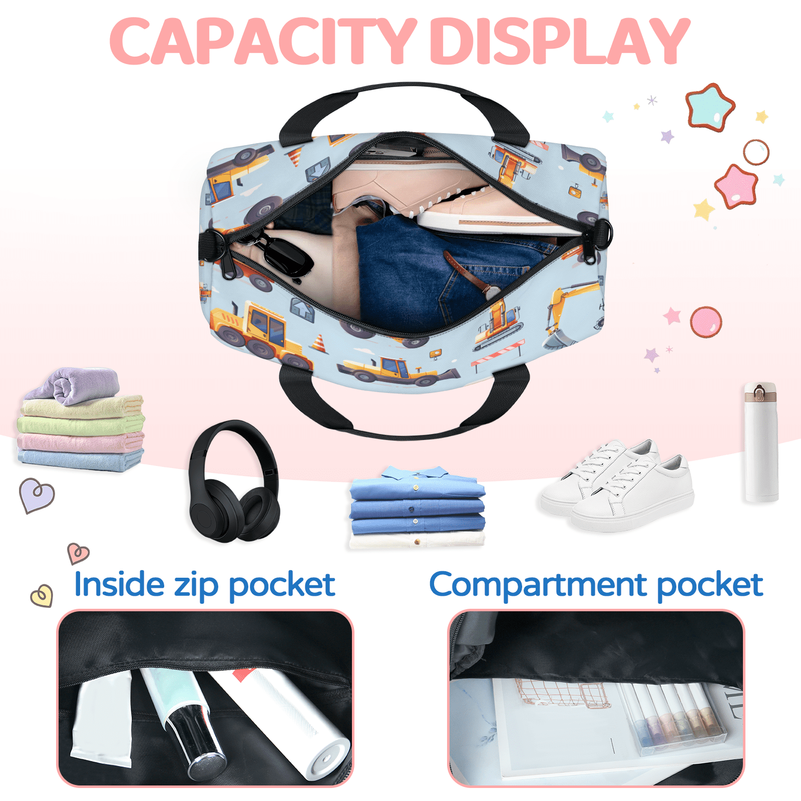 Herdesigns Excavator Travel Duffle Bag Sports Yoga Weekender Overnight Carry on Workout Bags Lightweight Waterproof Gym Tote Bag for Women Cartoon Tractor Machinery Trucks