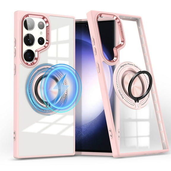 ELEHOLD Magnetic for Samsung Galaxy S24 Case,Transparent Clear Anti-Yellowing Rotation Ring Holder Stand Compatible with Mag Safe Work with Magnetic Car Mount,Slim Shockproof Protection,Pink