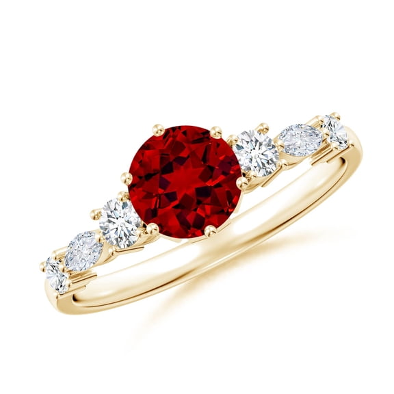 ANGARA Lab Grown 1 Ct Classic Round Ruby Side Stone Engagement Ring for Women in 14K Yellow Gold (Size-6mm) | July Birthstone, Birthday, Anniversary, Jewelry Gift for Women | Lab-Grown Ruby Ring