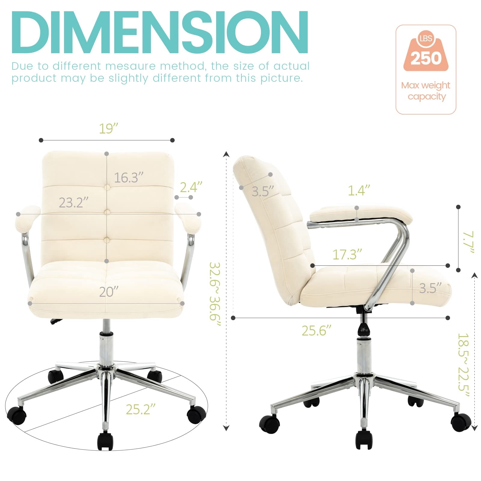 Velvet Desk Chair with Arms, Adjustable Height Home Office Chair, Mid-Back Upholstered Vanity Chair with 360° Swivel and Wheels for Living Room or Study, Beige