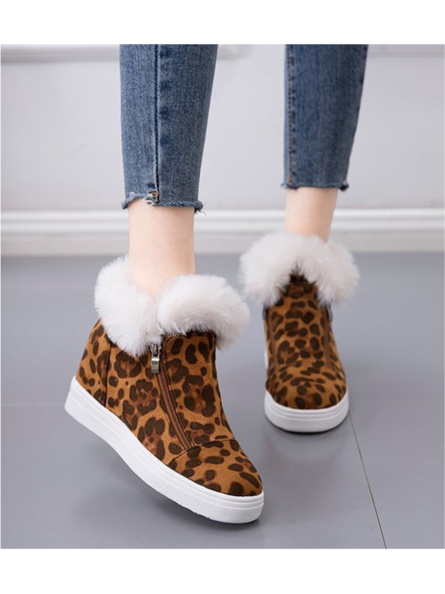Women's casual Warm Fur furry  hidden Heels faux suede Snow Ankle Boots Shoes 
