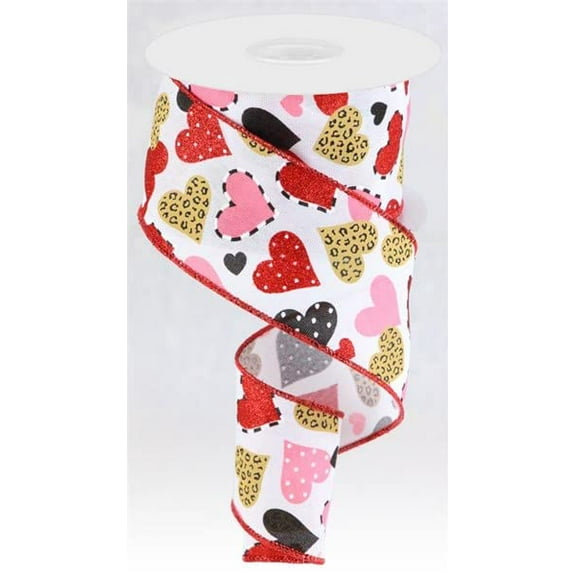 Multi Patterned Hearts on Canvas Wired Edge Ribbon, 10 Yards (2.5 Inch, White)