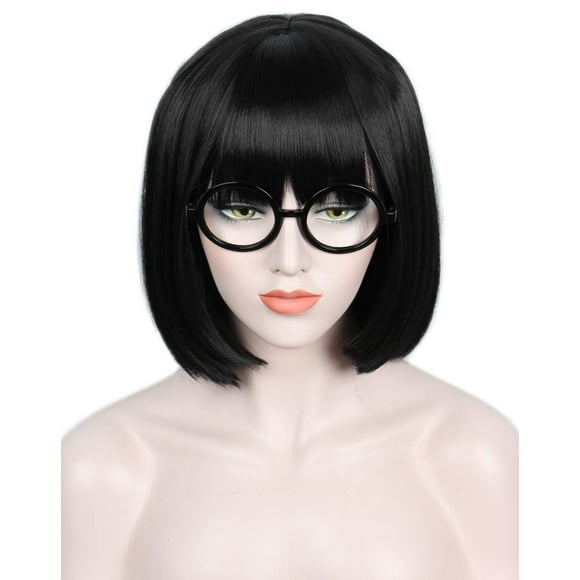 Peluca corta Linfairy negra con forma de Bob Fluffy para cosplay de Halloween para mujer