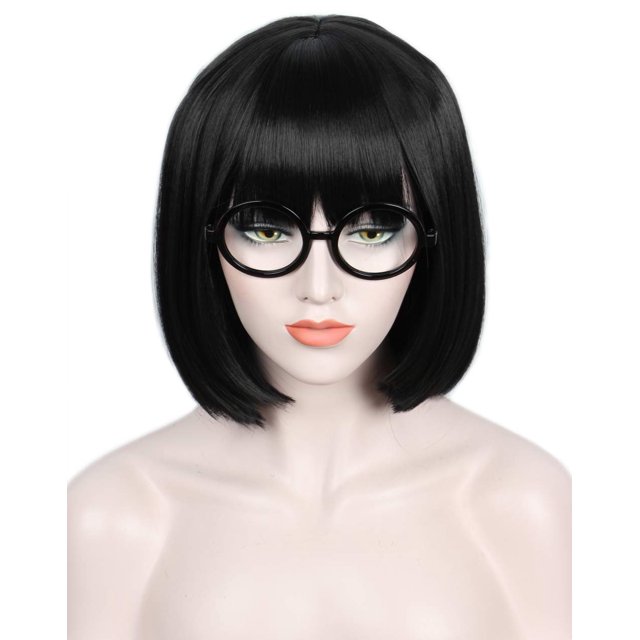 Peluca corta Linfairy negra con forma de Bob Fluffy para cosplay de Halloween para mujer