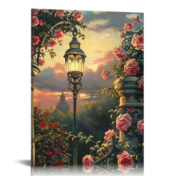 JRXY Image of Pink Rose And Lamp Print Orange Rose Flowers Wall Art Canvas Aesthetic Pictures Home Bedroom Living Room Aesthetic Wall Decoration 12x16 in