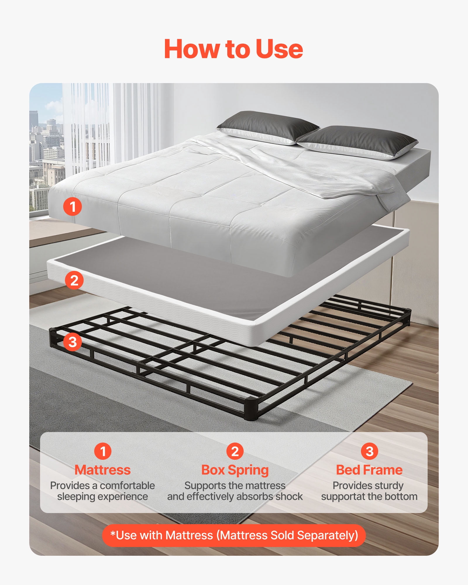 VEVOR Box Spring, Queen Size Bed Frame with Washable Fabric Cloth, Heavy Duty Metal Frame for Queen Bed, 4 in Mattress Foundation, 3500 lbs Max Weight Capacity, Easy Assembly,79.1 L x 59.4 W x 4 H in