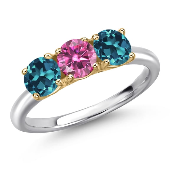 Gem Stone King 925 Silver and 10K Yellow Gold Pink Moissanite and London Blue Topaz Engagement Ring for Women | 1.90 Cttw | Round 5MM | Gemstone Birthstone | Size 9