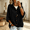 Black, variant on Women 3/4 Sleeve Button Drawstring Hooded Knit Cardigan Sweater with Pocket, 2XL