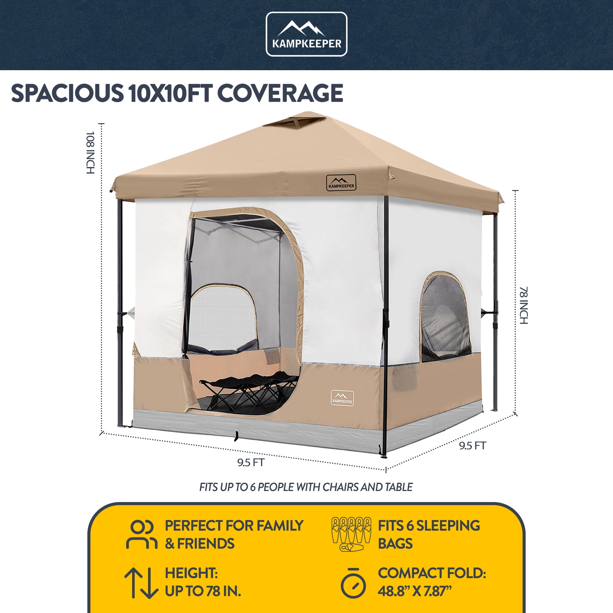 KAMPKEEPER 10x10 Instant Pop Up Canopy with Camping Inner Tent, Fits 6 Person, Khaki