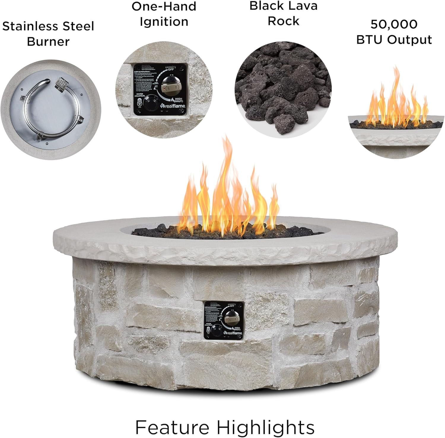 Real Flame Scottsdale 40" Round Stone Propane Fire Pit Table in Beige